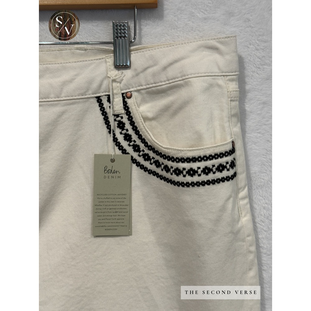 Boden Denim Straight Leg Pants Women Boho Embroidered Raw Hem Cream Size 22 Long - Picture 4 of 13